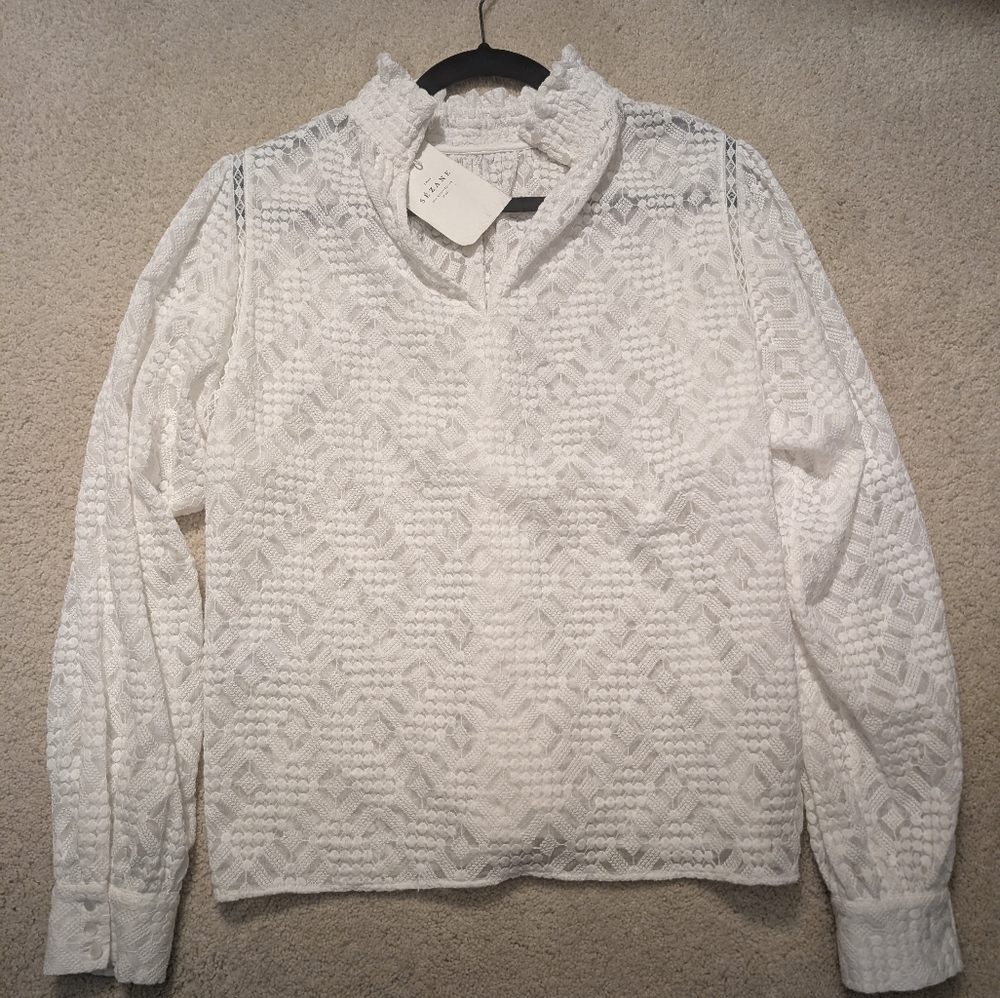 Sezane Shona Blouse Size 44 US 12 Women Cottagecore Boho Long Sleeve In Blanc
